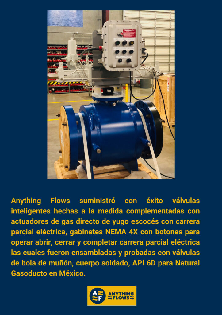 Anything Flows suministró con éxito válvulas inteligentes hechas a la medida complementadas con actuadores de gas directo de yugo escocés con carrera parcial eléctrica, gabinetes NEMA 4X con botones para operar abrir, cerrar y completar carrera parcial eléctrica las cuales fueron ensambladas y probadas con válvulas de bola de muñón, cuerpo soldado, API 6D para Natural Gasoducto 